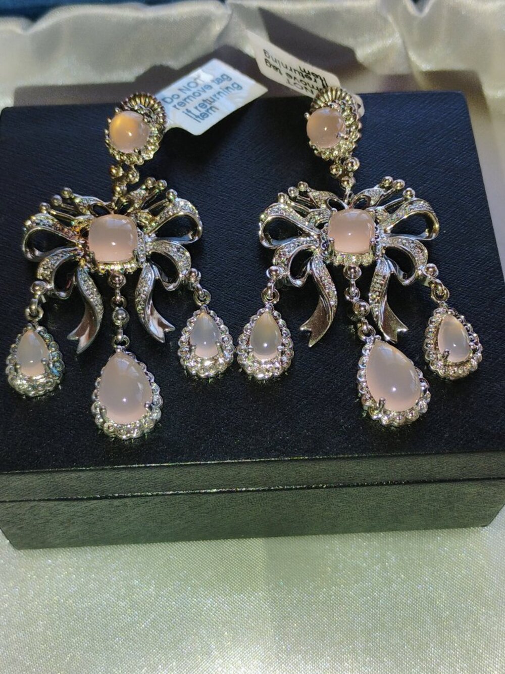 Pink chalcedony and diamond chandelier earrings in sterling silver